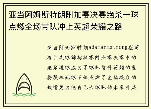 亚当阿姆斯特朗附加赛决赛绝杀一球点燃全场带队冲上英超荣耀之路