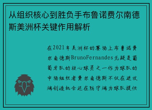 从组织核心到胜负手布鲁诺费尔南德斯美洲杯关键作用解析
