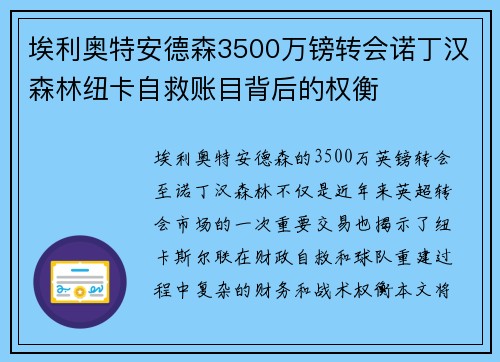 埃利奥特安德森3500万镑转会诺丁汉森林纽卡自救账目背后的权衡