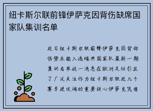 纽卡斯尔联前锋伊萨克因背伤缺席国家队集训名单 纽卡斯尔联前锋伊萨克因背伤缺席国家队集训名单