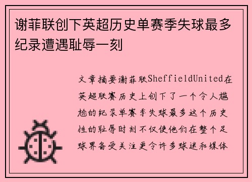 谢菲联创下英超历史单赛季失球最多纪录遭遇耻辱一刻 谢菲联创下英超历史单赛季失球最多纪录遭遇耻辱一刻